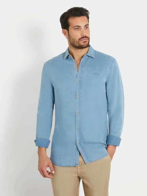 Srajce GUESS Linen Classic Shirt Modra | M4RH26WFXT0