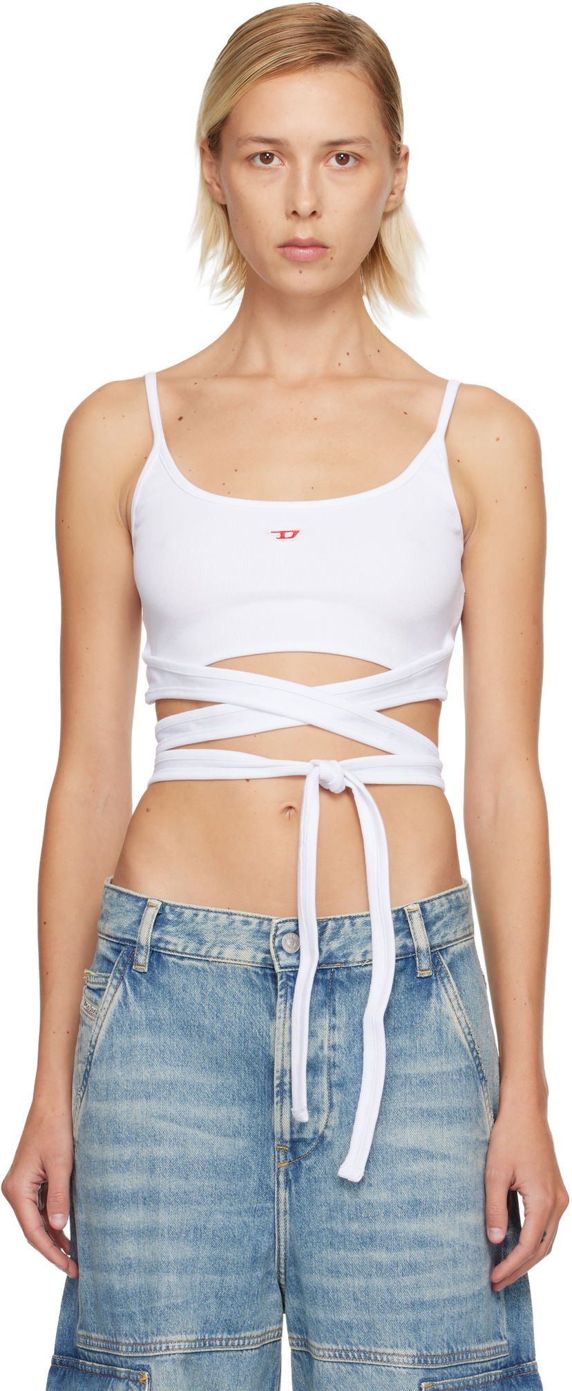 Majica brez rokavov Diesel Ribbed Knit Cut-Out Wrap-Around T-Leya-Tail Tank Top Bela | A18356 0EJAI