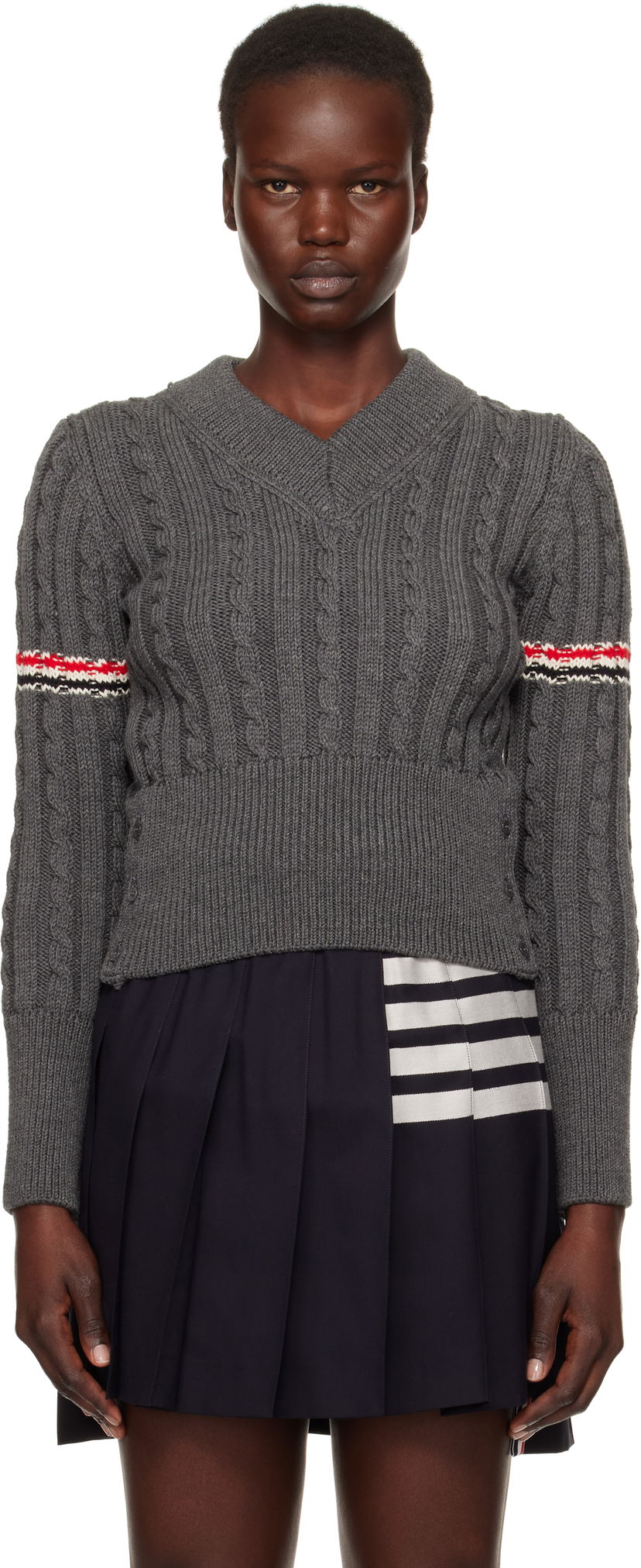 Pleteni pulover Thom Browne Classic Cable V-Neck Wool Sweater Modra | FKA479A-Y1024