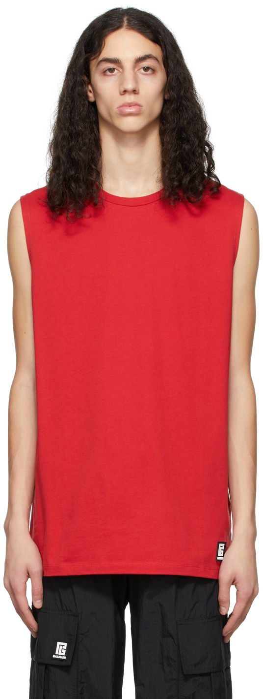 Majica brez rokavov Balmain Balmain Logo Sleeveless T-Shirt Rdeča | XH0EC001BB16