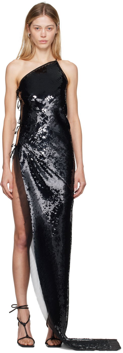 Obleke Rick Owens One Shoulder Sequined Maxi Dress Črna | RP02D3578 SEM1