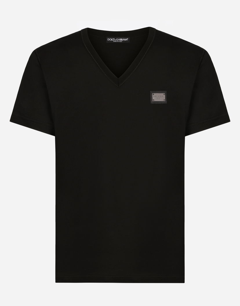 Majica Dolce & Gabbana Cotton V-neck T-shirt With Branded Tag Črna | G8PT2TG7F2IN0000