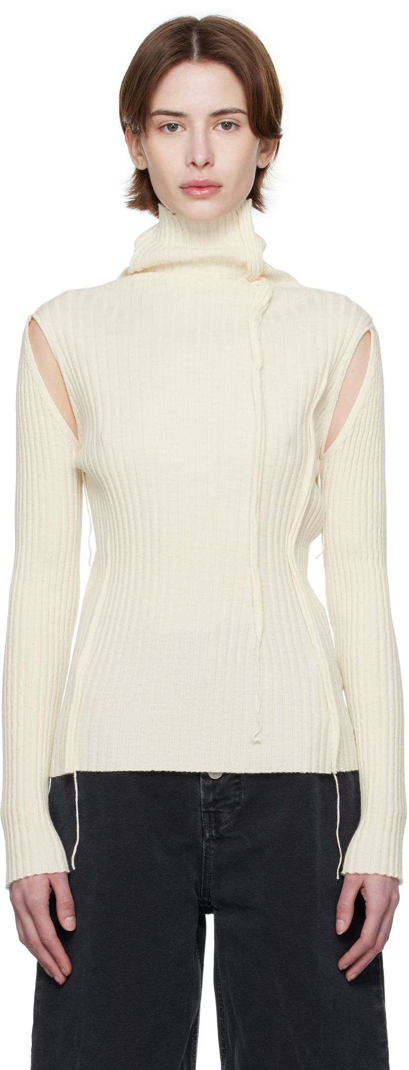 Pleteni pulover Maison Margiela MM6 Maison Margiela Darted Rib Knit Turtleneck Top Bela | S52HA0294 M13087
