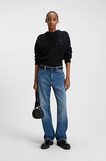 Pleteni pulover BOSS Relaxed-fit knitted sweater with Happy HUGO badge Črna | 50548138, 1