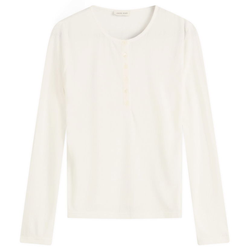 Majica Anine Bing Anine Bing Pia Pointelle Long Sleeve T-Shirt, Size Large Bela | A-08-11225-OFW26