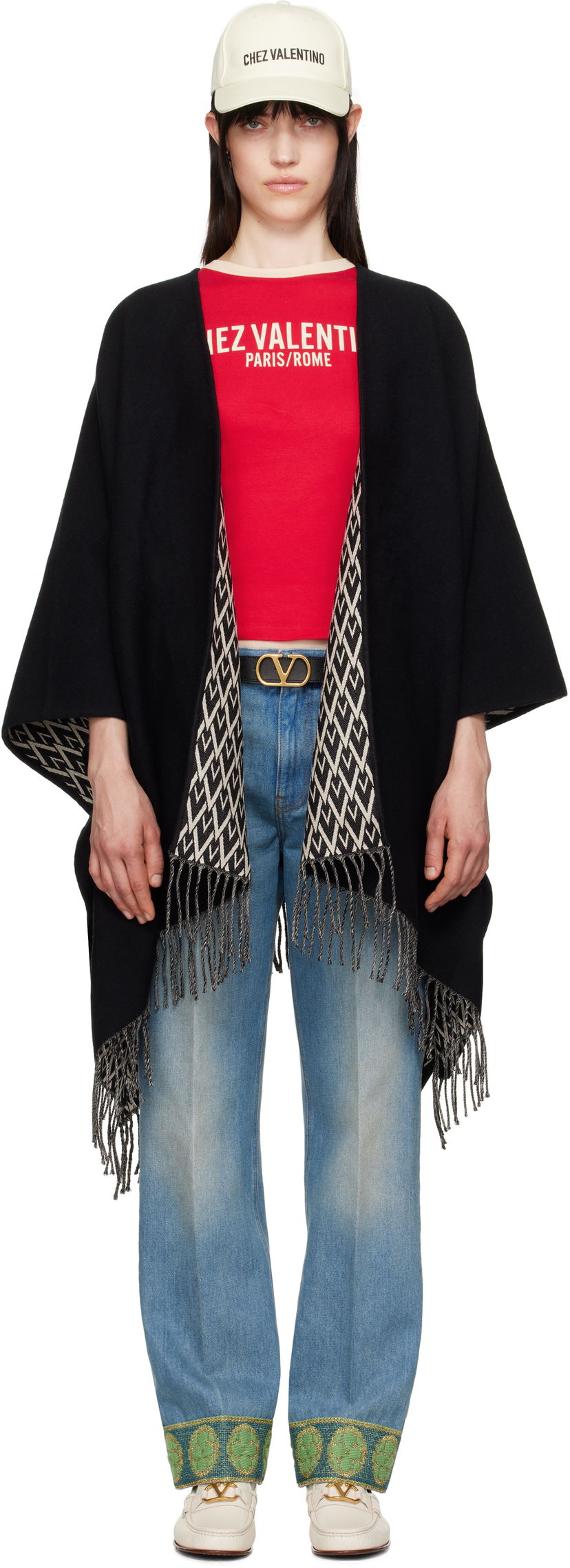 Krop-top Valentino Valentino Garavani Double Toile Iconographe Fringed Cape Rdeča | 6W2EG019LJX