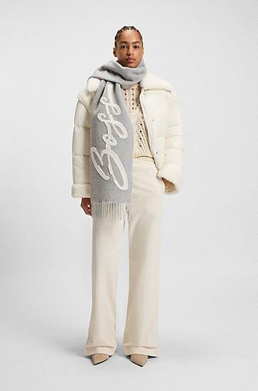 Šala BOSS Wool-blend Scarf with Script Logo and Fringes Siva | 50558654, 1