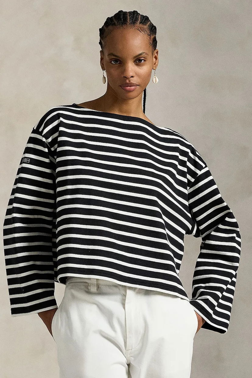 Majica Polo by Ralph Lauren Polo Ralph Lauren Striped Cropped Long Sleeve T-Shirt Črna | 211959103