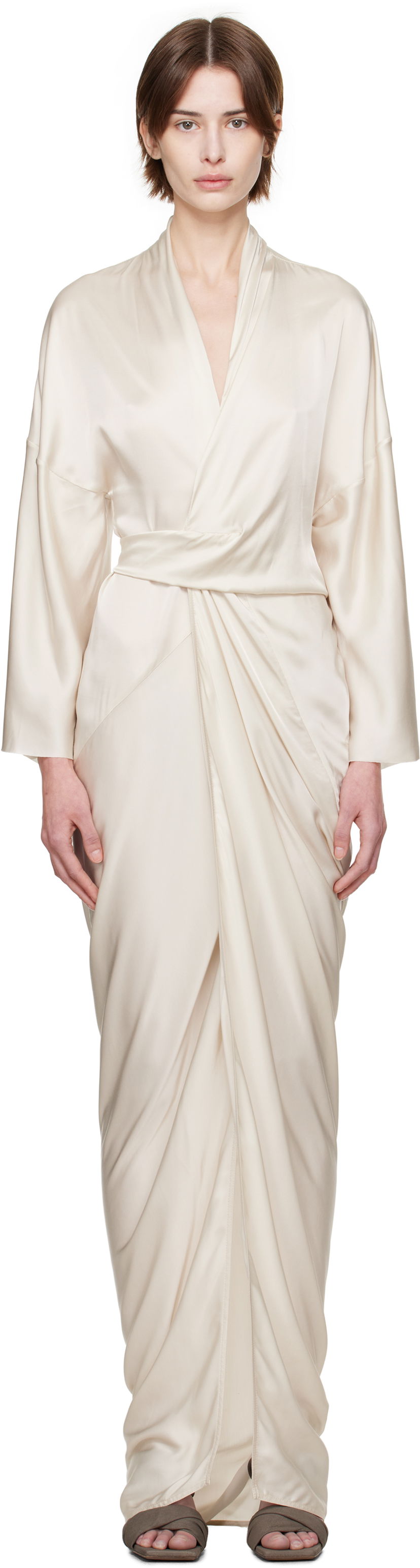 Obleke Rick Owens Rick Owens Hollywood Wrap Maxi Dress Bež | RP01E7566 SCH