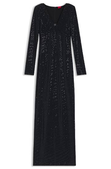 Obleke BOSS Sparkly-jersey long-sleeved maxi dress with stacked-logo neckline Črna | 50546245