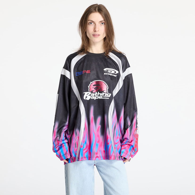 Dres BAPE A BATHING APE Flame Pattern Relaxed Fit Football Jersey Črna | 001LTL301310MBLK
