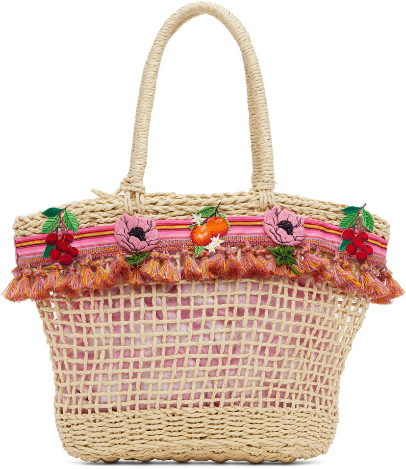 Tote bag Anna Sui Anna Sui Raffia Tassel Tote Bag with Fruit Embroidery Bež | 225A92