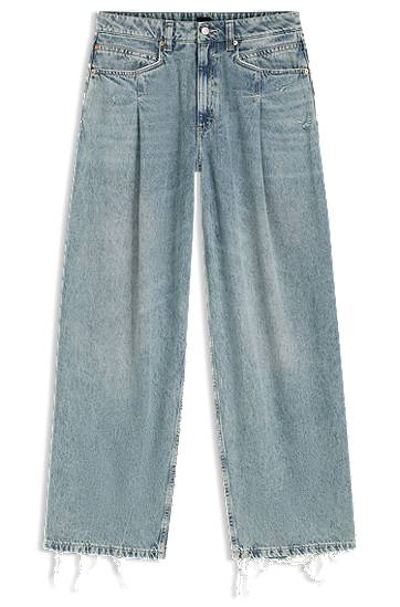 Kavbojke BOSS Wide-leg jeans with front pleats and frayed hems Modra | 50542435