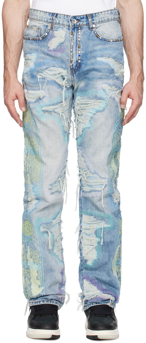 Kavbojke Who Decides War Embroidered Distressed Studded Washed-Effect Jeans Večbarvna | 1120830030SS24