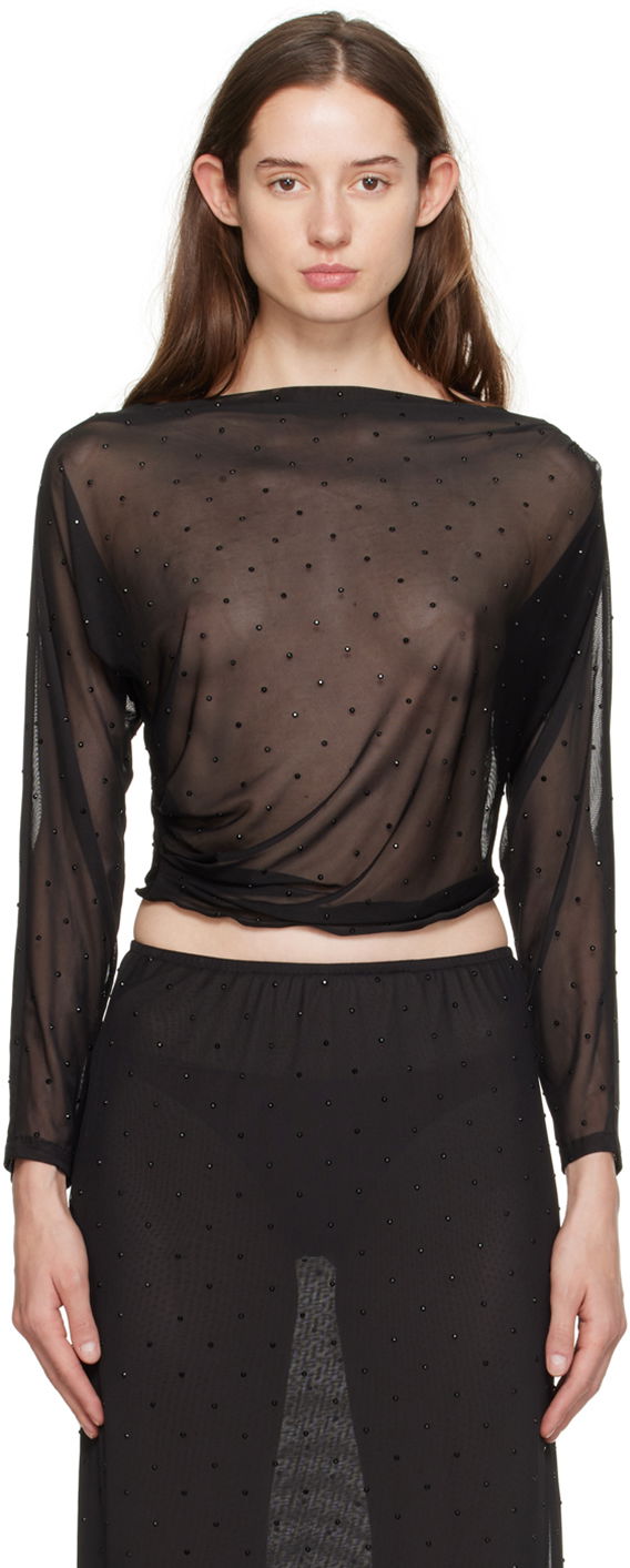 Krop-top Anna Sui Anna Sui Rhinestone Mesh Long Sleeve Top Črna | 1024F22