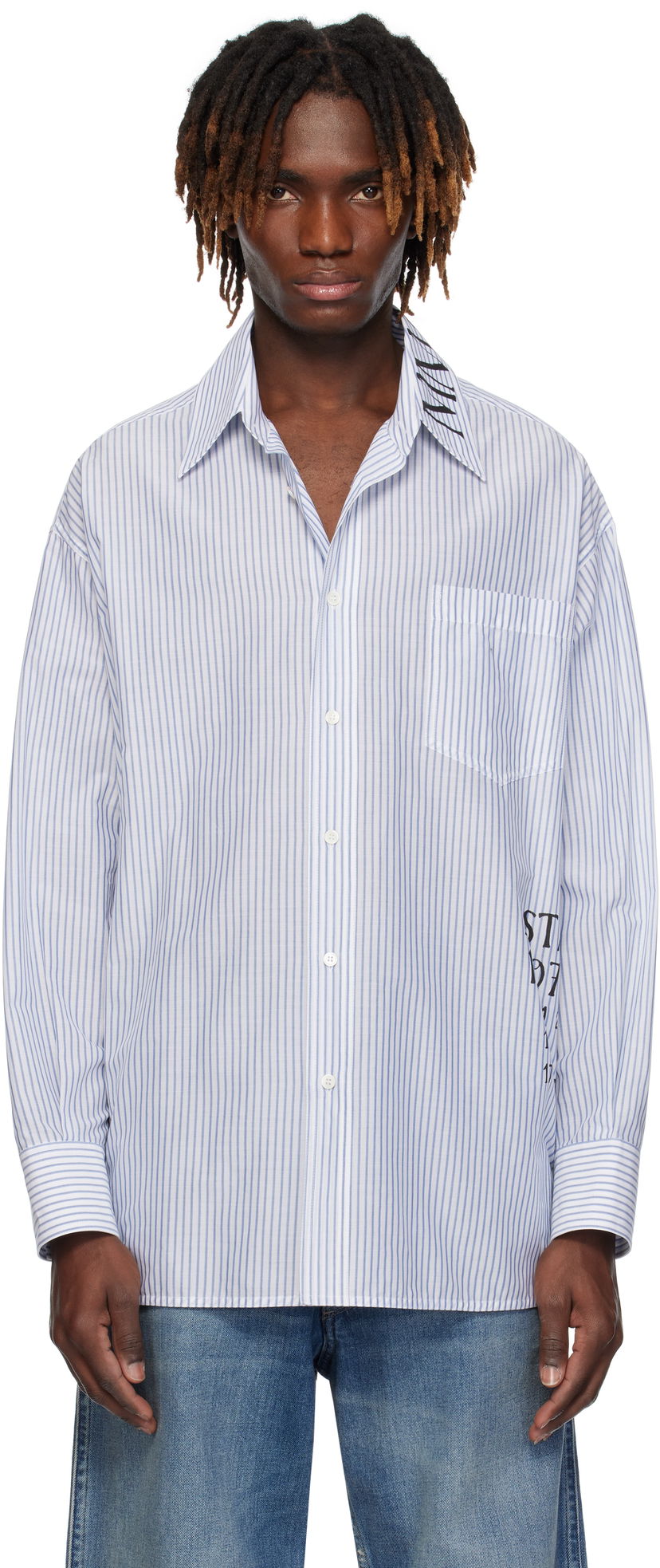 Srajce Maison Margiela MM6 Maison Margiela Asymmetric Striped Poplin Shirt Modra | SH0DT0014 M35251