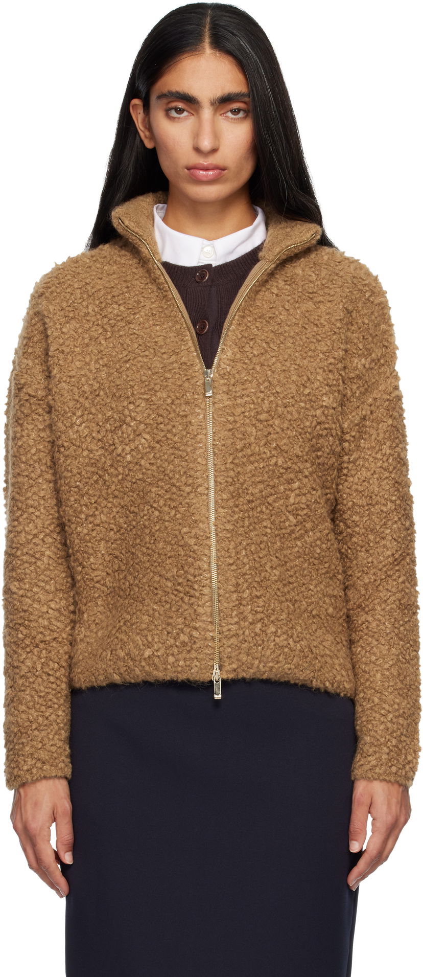 Pleteni pulover Max Mara Oggetti Teddy Full-Zip Cardigan Rjava | 2526346062600