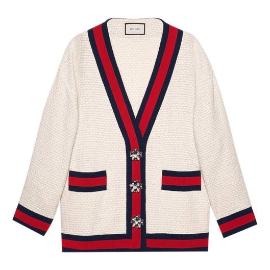 Pleteni pulover Gucci Gucci Webbing Loose Fit Cardigan With Jeweled Buttons Bela | 469657-ZID86-9401
