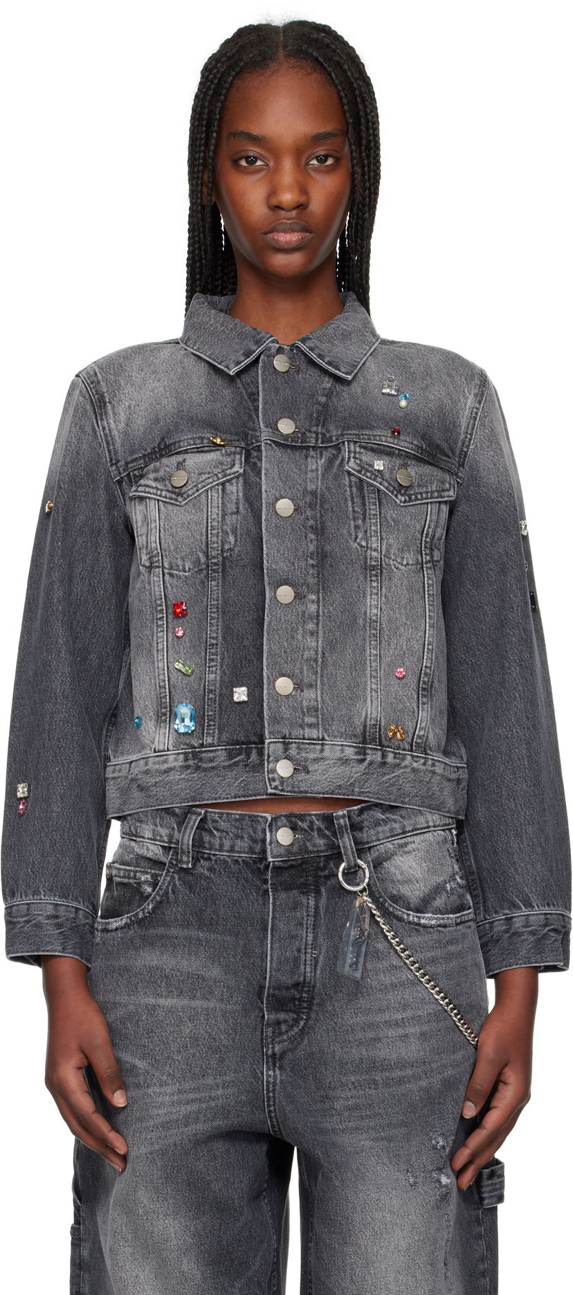 Jakna Marc Jacobs Marc Jacobs Fray Charm Shrunken Trucker Denim Jacket with Rhinestones Siva | 2S5RJC015D02