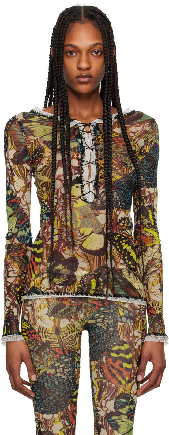 Bodi Jean Paul Gaultier Butterfly Print Lace-Up Long Sleeve Top Večbarvna | 24/25-F-TO133-T545-1090