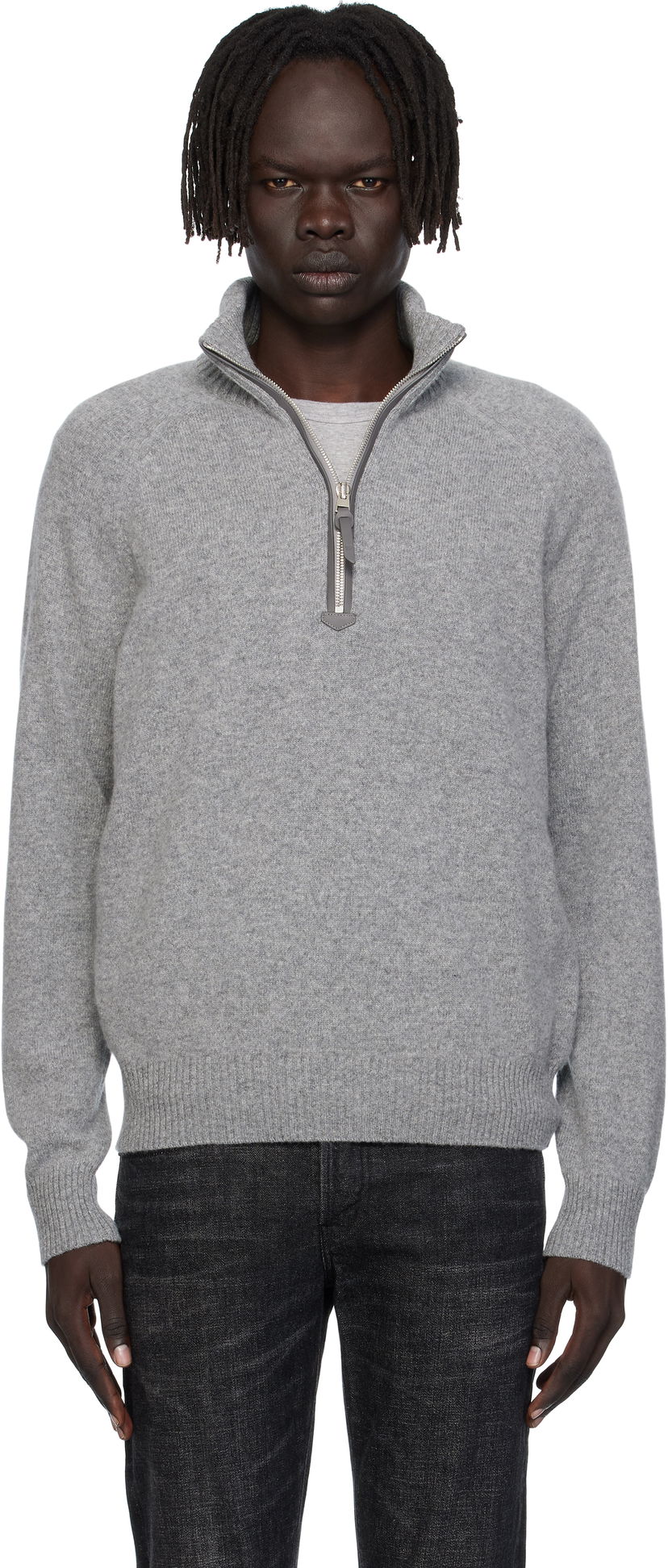Pleteni pulover Tom Ford TOM FORD Lambswool & Cashmere Half-Zip Sweater Siva | KFL004-YMW106