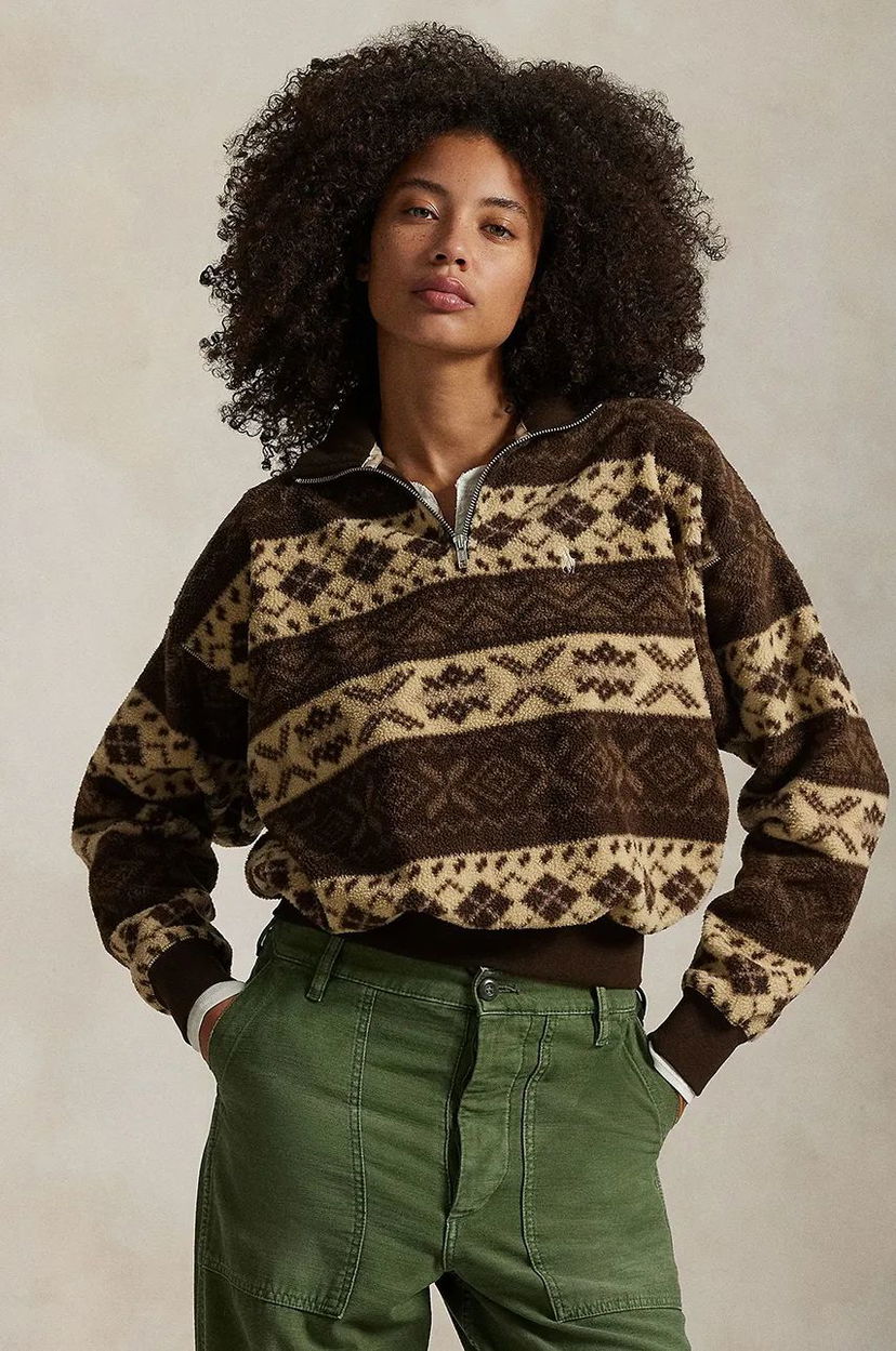 Pulover Polo by Ralph Lauren Brown Patterned Fleece Half-Zip Sweatshirt Rjava | 211947972