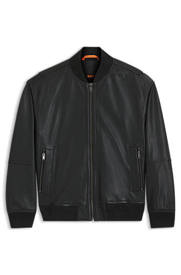 Bomber jakna BOSS Regular-Fit Textured Leather Bomber Jacket Črna | 50547545