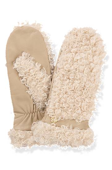 Rokavice BOSS Faux-Teddy & Leather Mittens Bež | 50526652