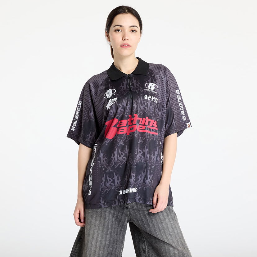Polo majica BAPE A BATHING APE Flame Pattern Overall Print Half Zip Relax Fit Polo Shirt Črna | 001POL301304MBLK