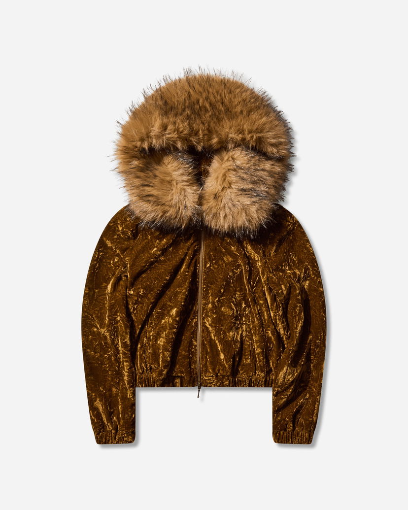Pulover GUESS Faux Fur Trim Crushed Velour Hoodie Rjava | W5BQ04W0260 G1EM