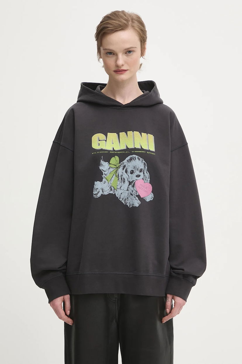 Pulover GANNI Isoli Oversized Hooded Sweatshirt with Dog Print Siva | T4360
