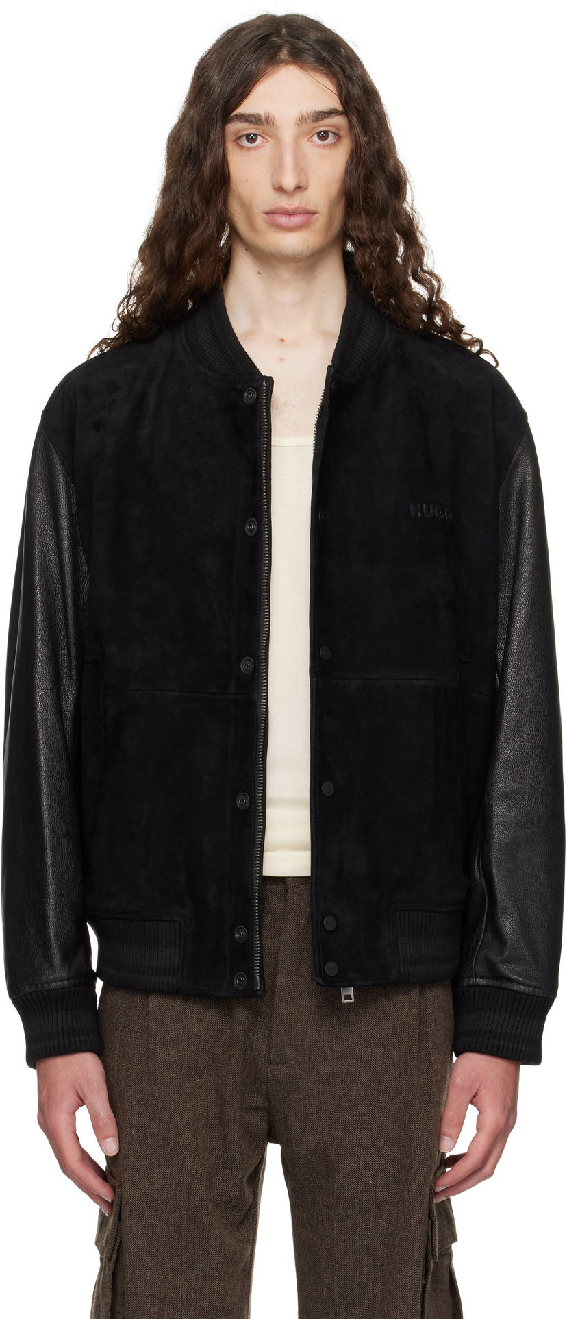 Bomber jakna BOSS Hugo Embossed-Logo Suede & Leather Bomber Jacket Črna | 50541881