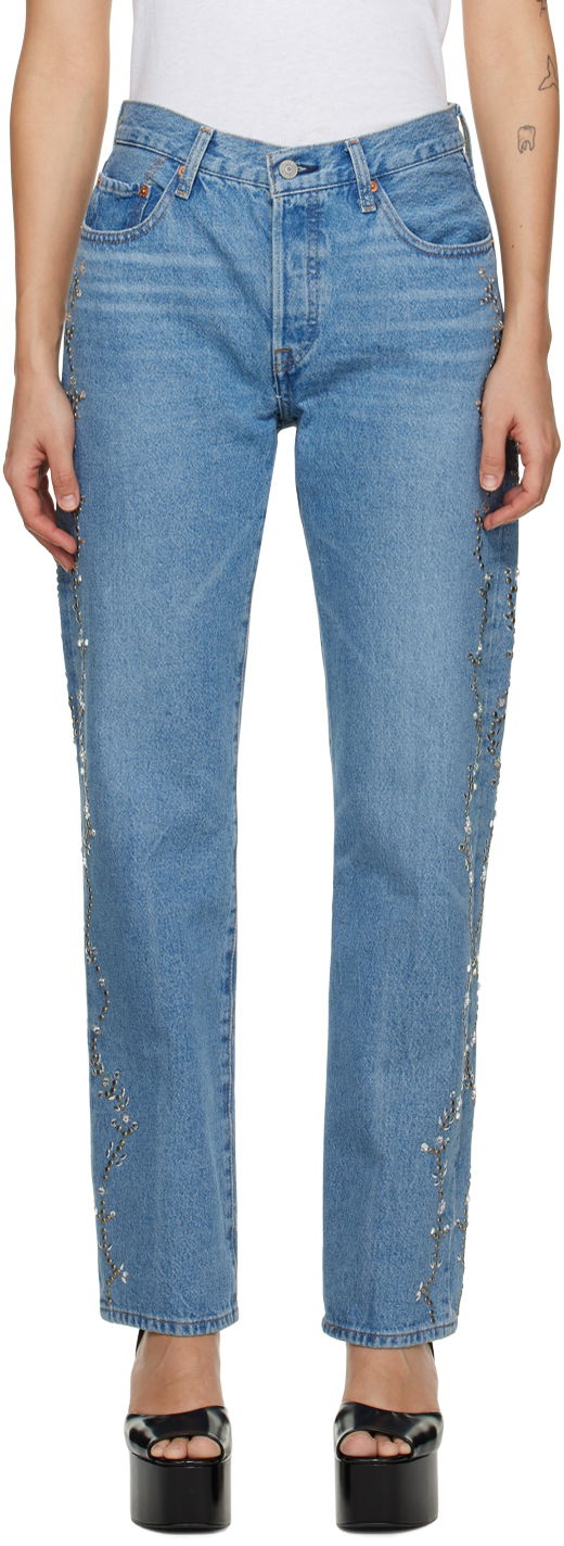 Kavbojke Anna Sui Exclusive Embroidered Straight Leg Jeans Modra | 0123F40
