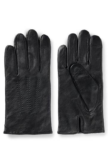 Rokavice BOSS Touchscreen-Friendly Leather Gloves with Metallic Logo Lettering Črna | 50526681