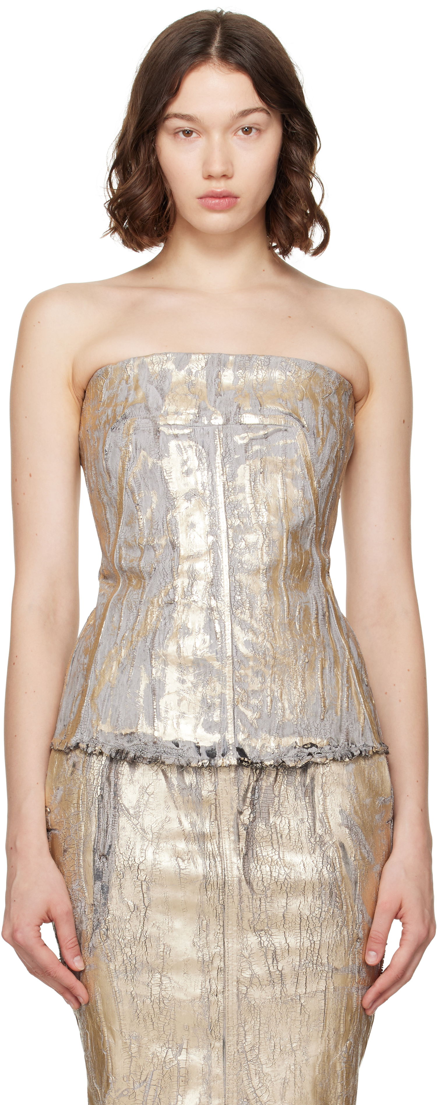 Majica brez rokavov Rick Owens Rick Owens Megacrust Stretch Denim Lido Bustier Top Kovinski | RO01E7127 SGMC, 0