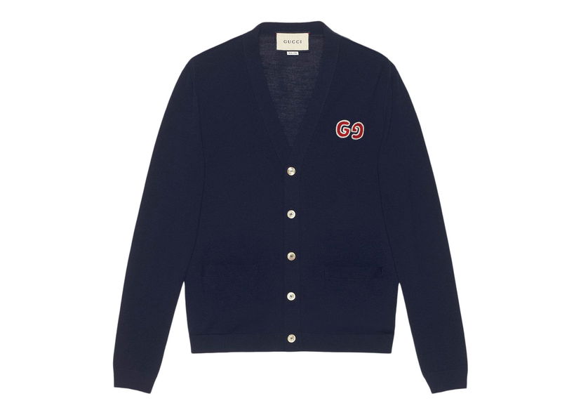 Pleteni pulover Gucci GG Logo Patch Cardigan Dark Blue Mornarica | 576815 XKA0W 4440