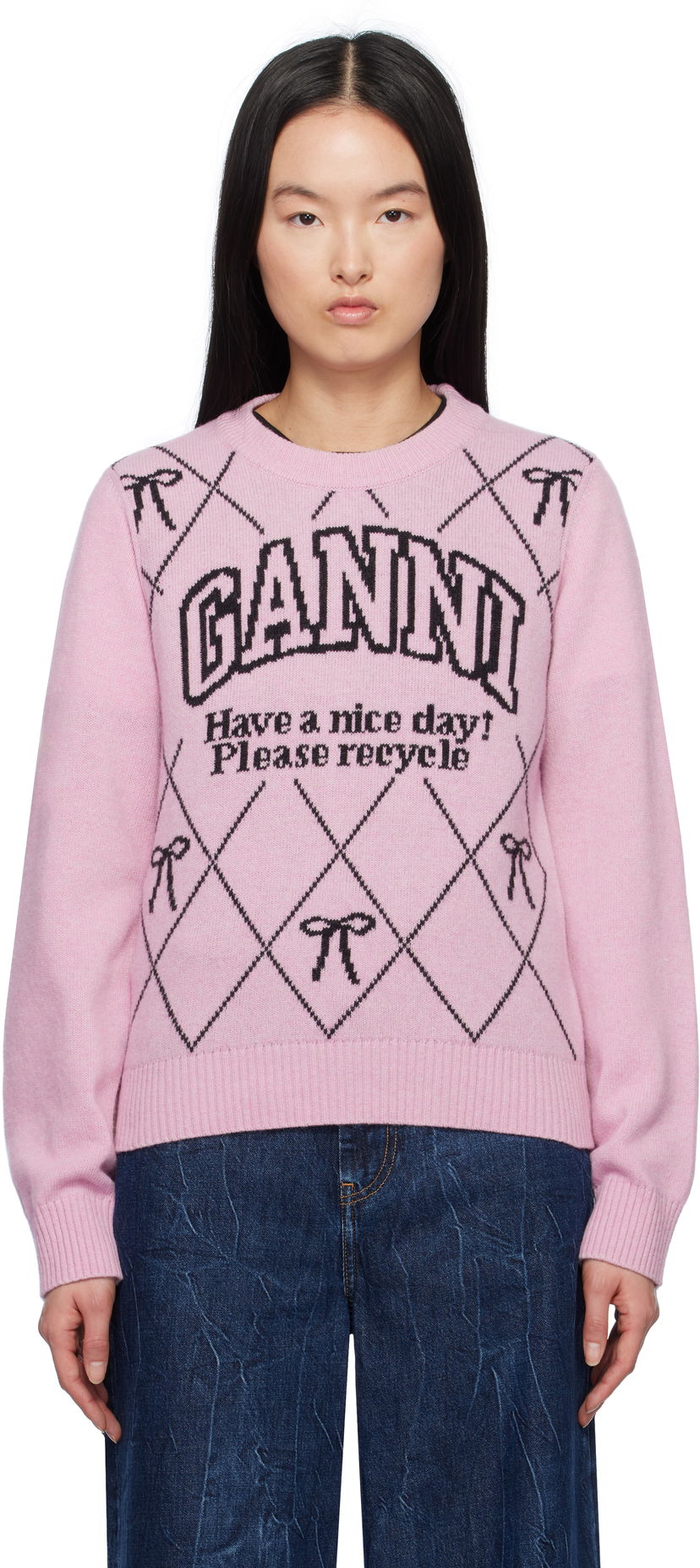 Pleteni pulover GANNI GANNI Graphic Bow Knit Sweater Roza | K2423