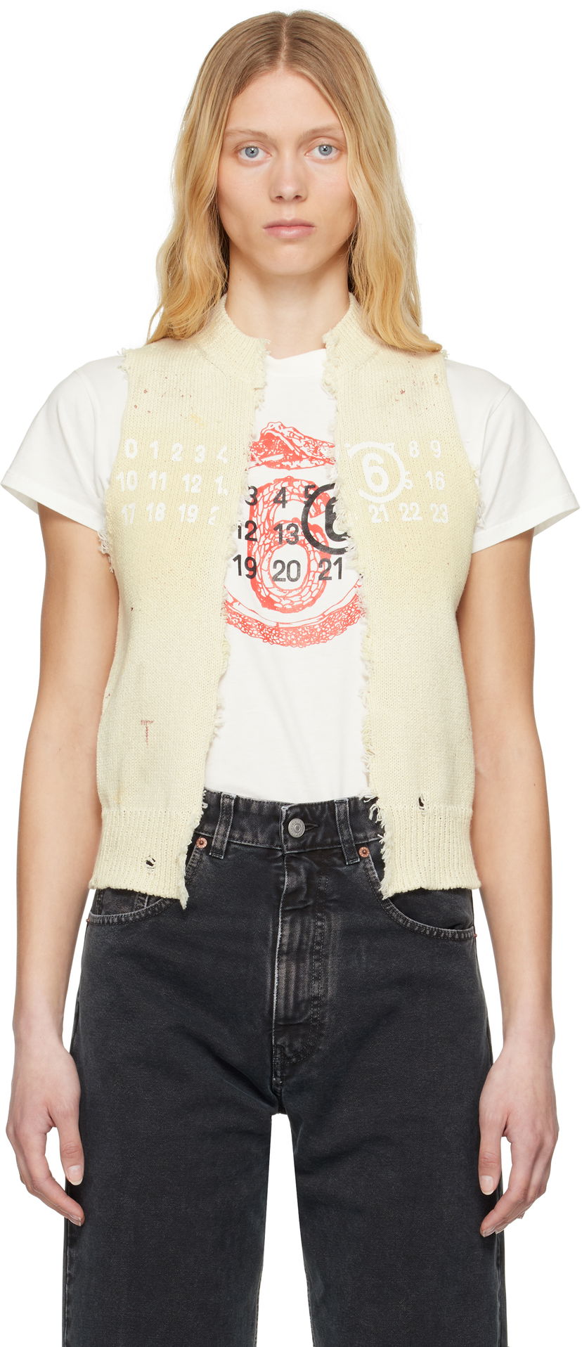 Pleteni pulover Maison Margiela MM6 Maison Margiela Open Cut Printed Vest Bež | S62FB0075 M13123