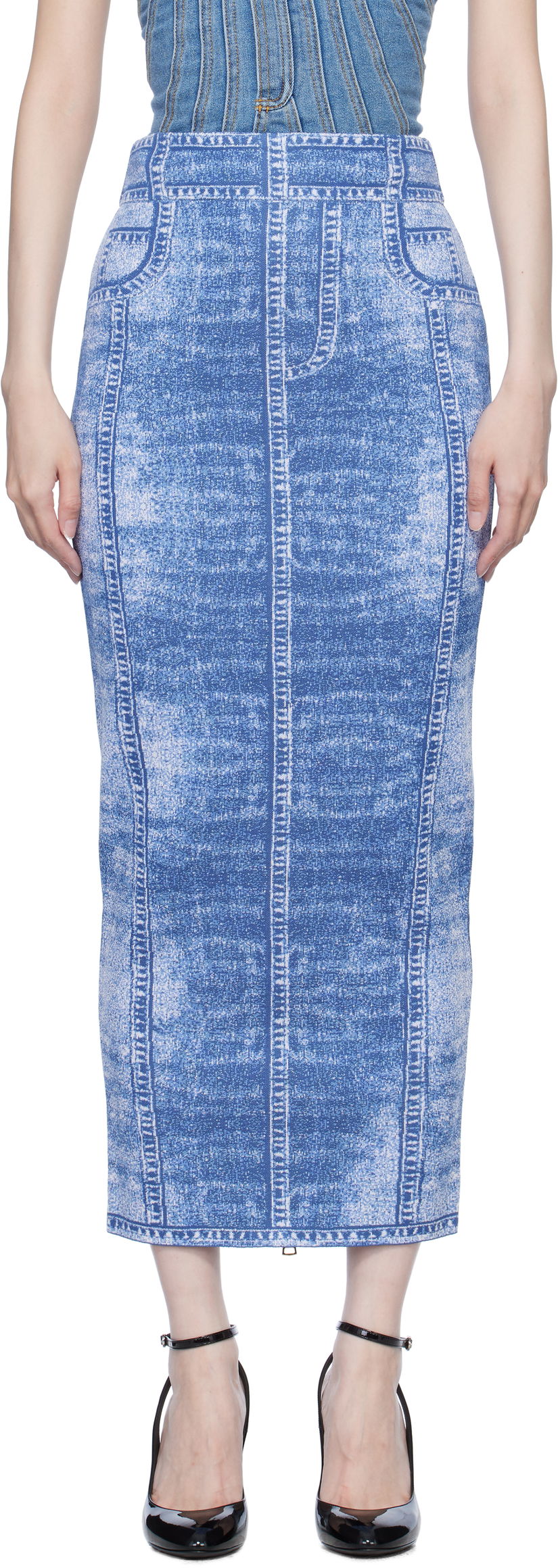 Krila Balmain Denim Effect Knit Midi Skirt Modra | EF1LD475KH80