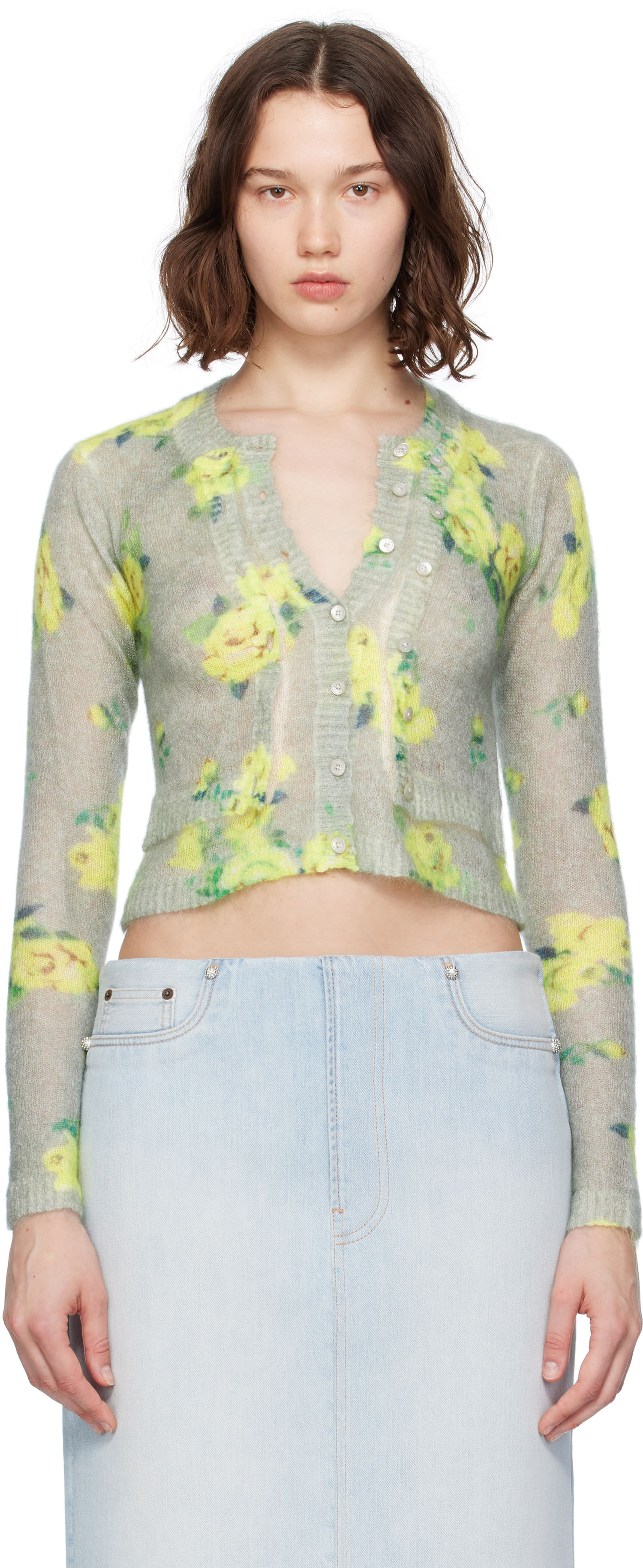 Pleteni pulover Acne Studios Acne Studios Layered Mohair Floral Cardigan Zelena | A60570-, 0