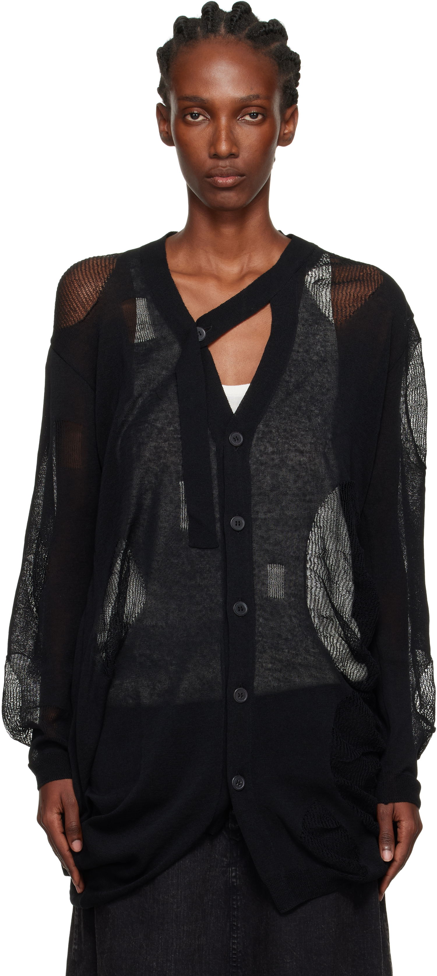 Pleteni pulover Yohji Yamamoto YOHJI YAMAMOTO Plain Stitch & Pattern Draped Cardigan Črna | FP-K12-982, 0