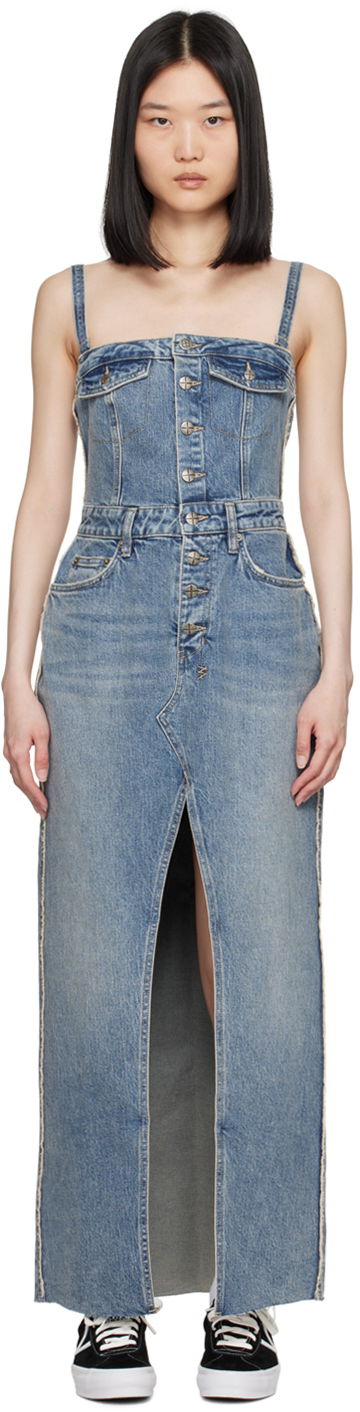 Obleke Ksubi Blue Paloma Frayed Denim Maxi Dress Modra | WPF24DR001