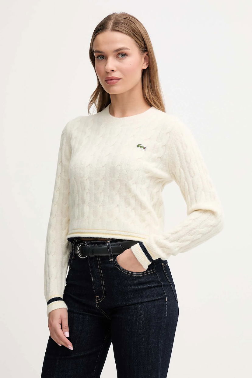Pleteni pulover Lacoste Wool Blend Cable Knit Cropped Sweater Bela | AF4159