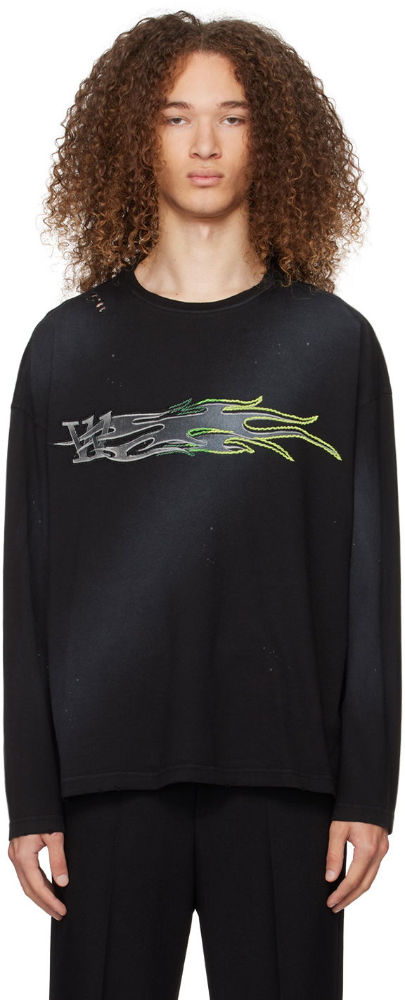 Majica We11done Graphic Print Long Sleeve T-Shirt Črna | WD-TT0-24-752-U-BK