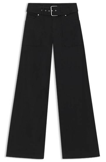 Hlače BOSS Belted Wide-Leg Stretch-Cotton Satin Trousers Črna | 50548143