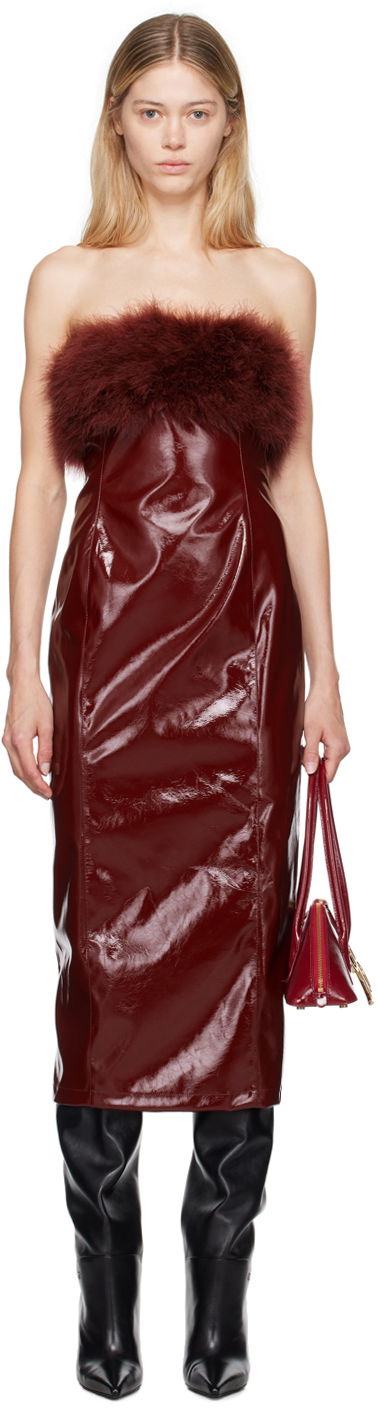 Obleke Blumarine Feather Trim Faux-Leather Midi Dress Bordo | A422A481A