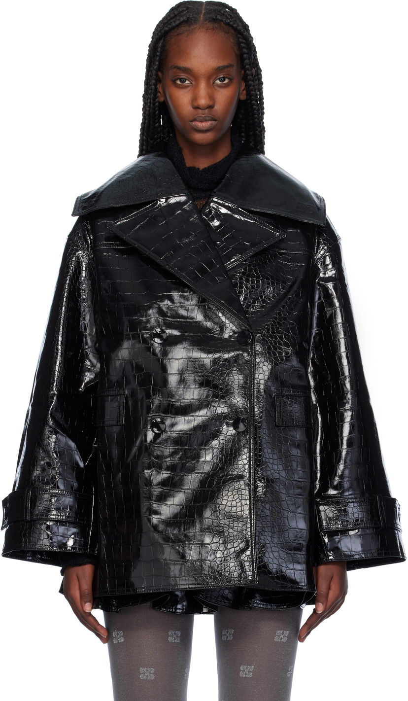 Trenčkot GANNI Croc-Embossed Faux-Leather Blazer Črna | F9463