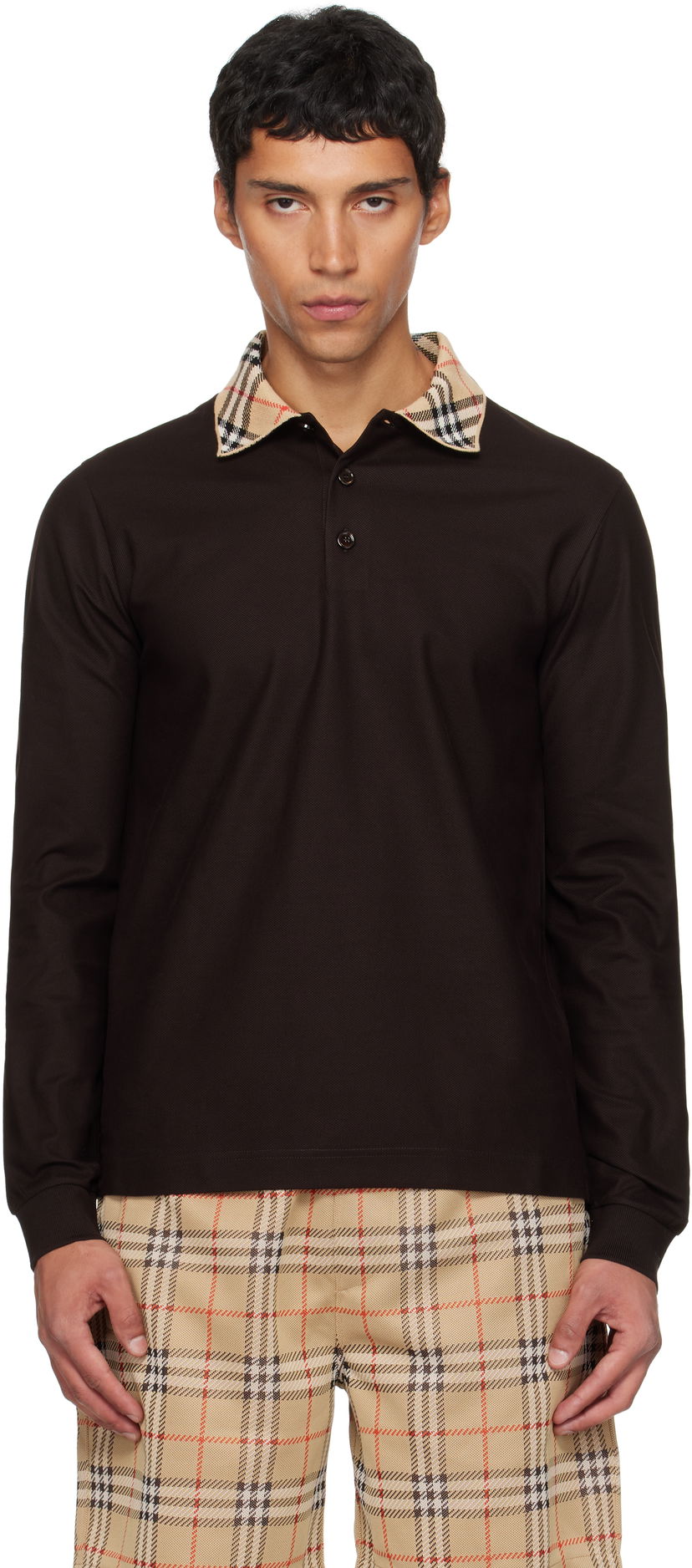 Polo majica Burberry Burberry Long Sleeve Polo with Check Collar Rjava | 8116012