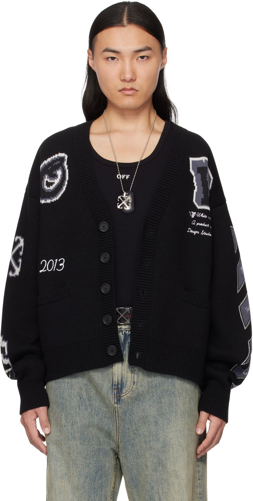 Pleteni pulover Off-White Off-White Varsity Knit Cardigan Črna | OMHB019C99KNI0031010