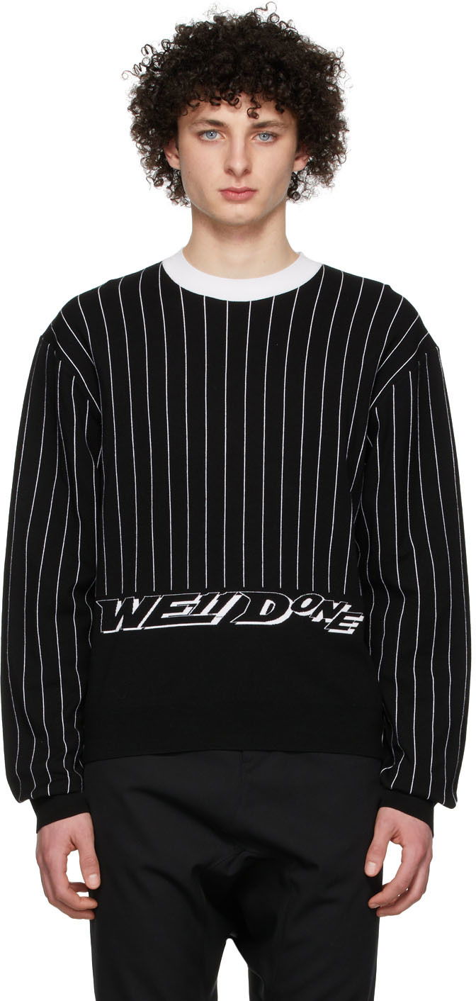 Pleteni pulover We11done Striped Logo Sweater Črna | WD-KT1-22-619-U-BK